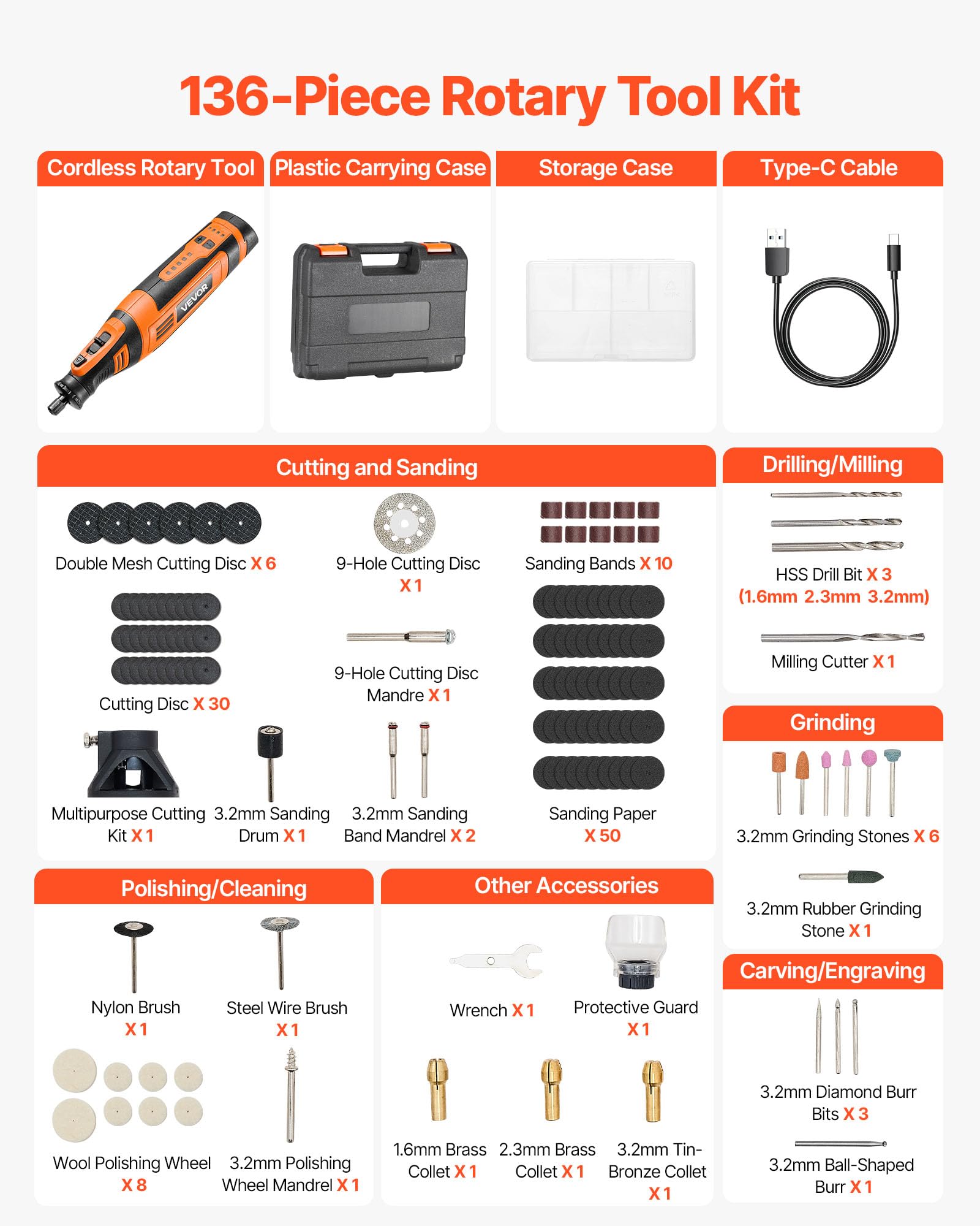 VEVOR Kit de Herramientas Rotativas Inalámbricas, 136 Piezas, Portátil, 8 V CC, 5 Velocidades de 5000-30 000 RPM, para Grabar, Lijar, Pulir, Tallar, Amolar, Cortar y Bricolaje, 225 x 50 x 50 mm