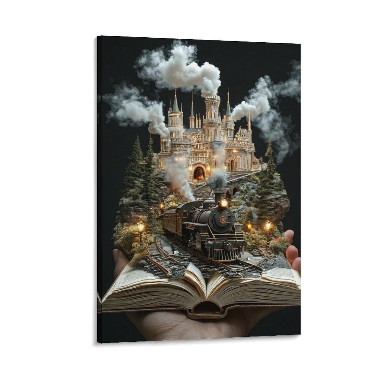 DHBANEIOK Fantasy Castle Train Poster Artwork Giclee Canvas Prints Modern Wall Art Picture Wall Hanging for Office Gym Living Room Decor 16x24inch(40x60cm)