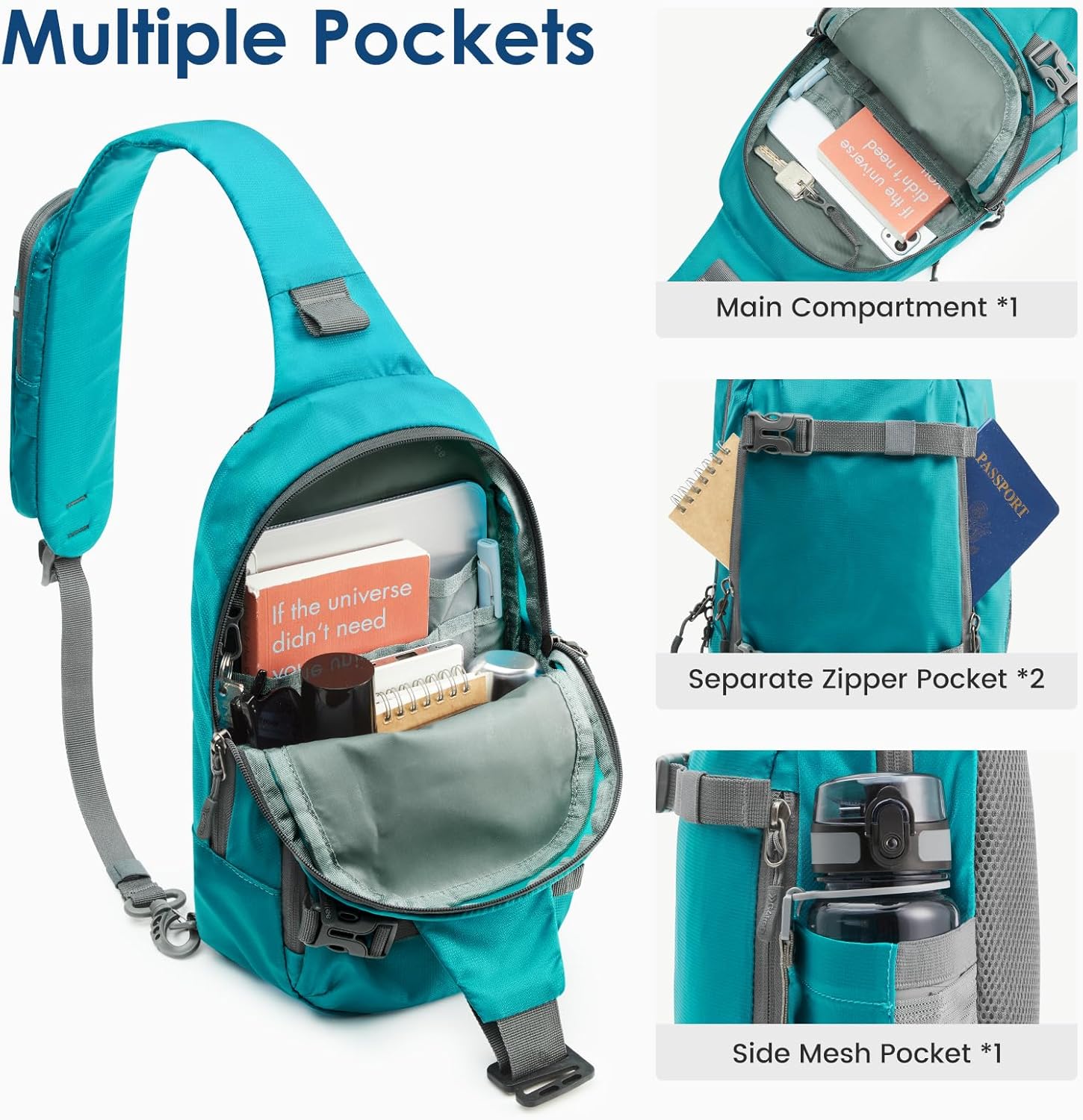 G4Free Recycled Sling Bag for Men Travel Anti-Theft Crossbody Bag Sling Backpack with RFID Blocking in the back pocket, Peacock Blue