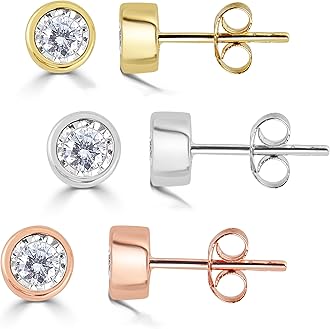 Women Round Diamond Stud Earrings Set In 925 Sterling Silver | Natural or Lab Grown | 14K Gold Bezel | White Yellow or Rose | Independent Lab Certified | Hypoallergenic