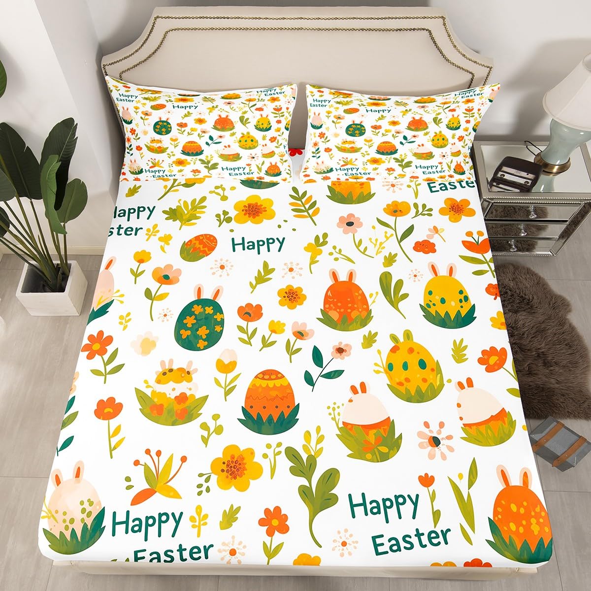 Erosebridal Happy Easter King Size Fitted Sheet, Kids Easter Eggs Floral Bed Sheets Cartoon Flowers Rustic Farmhouse Bed Sheets Easter Decorations for Girls Teens Adult Women Room Home