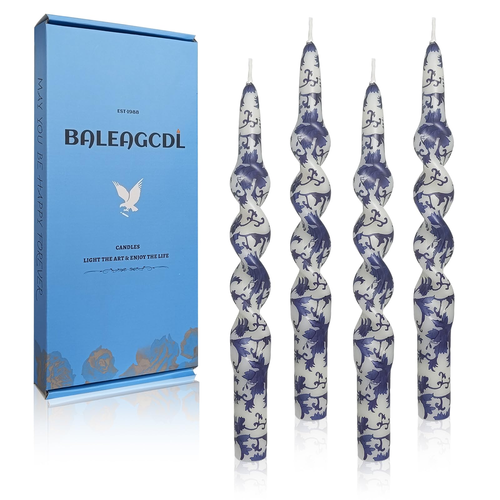 Unscented Floral Taper Candle Spiral Candlesticks - Set of 4 Blue and White Handmade Twisted Candle 10 Inch Long Print Tapered Candles for Home