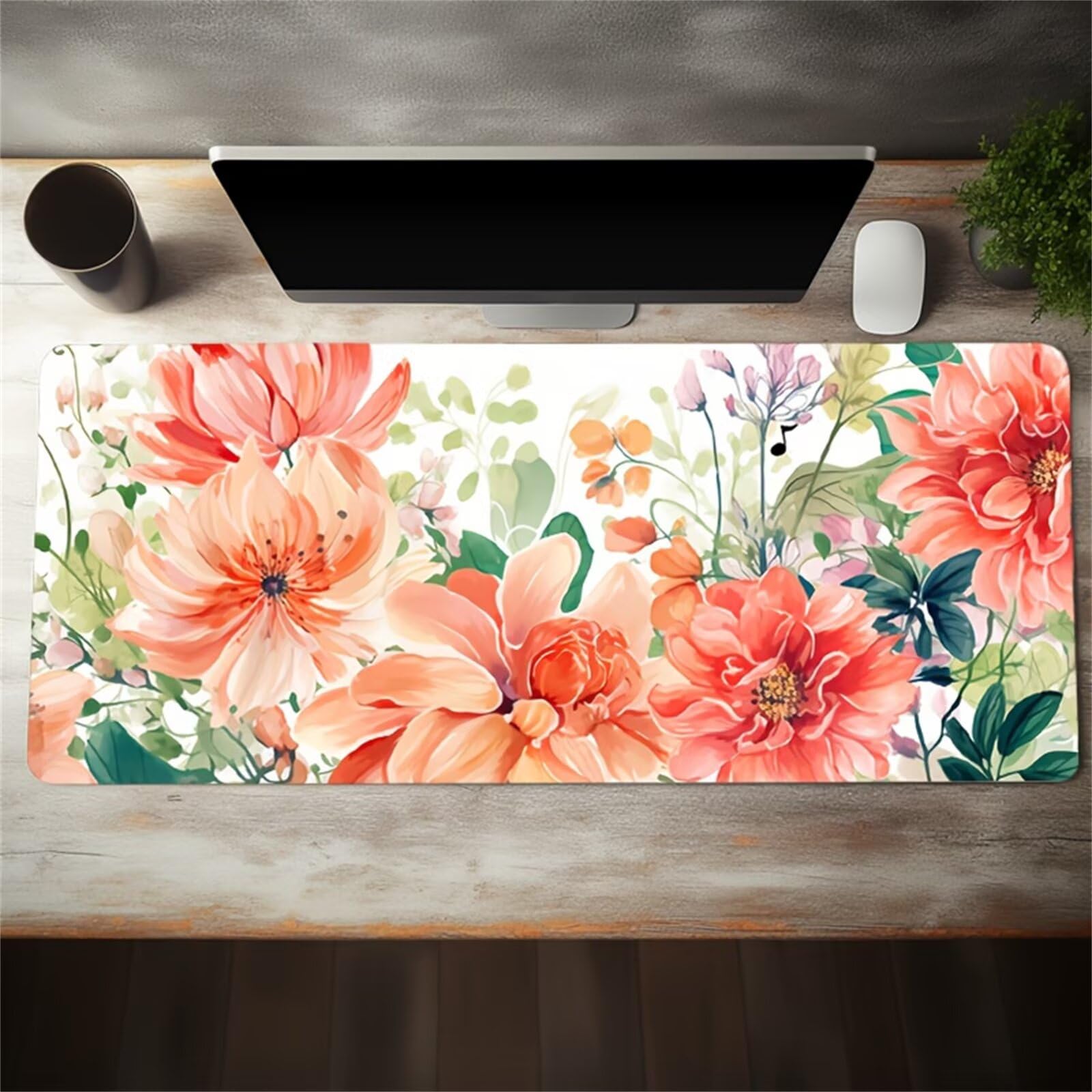 Grand Tapis de Souris de Jeu 1000x500x2 mm Mouse Pad Gaming Fleurs Rose Orangé Tapis de Bureau Antidérapant avec Bords Cousus pour Bureau, Études, Gamer