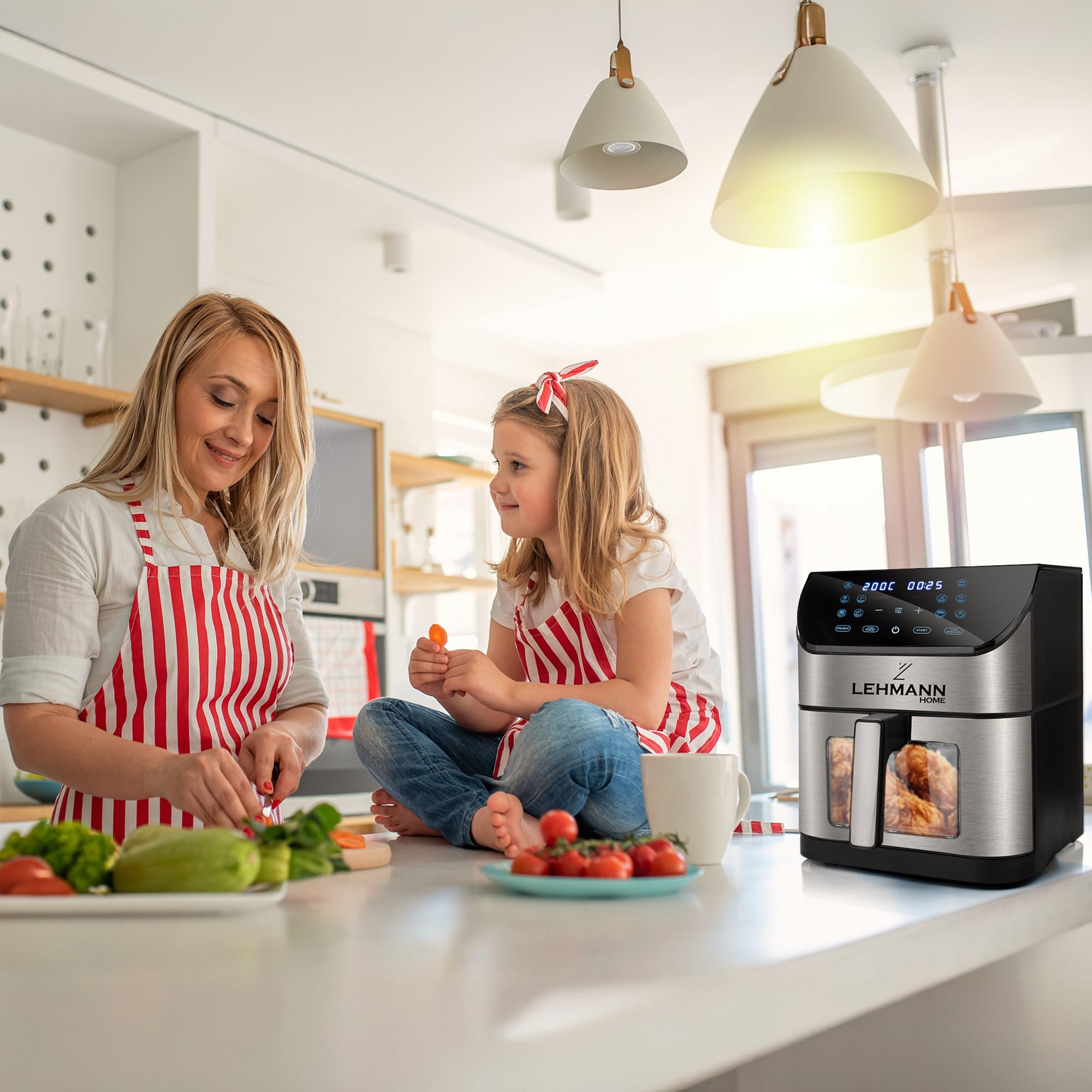 LEHMANN Friggitrice ad Aria XXL 8 Litri, 1800 W, Air Fryer con Finestra di Visualizzazione, Pannello Digitale, 12 Modalità Intelligenti, max 200°C, Lavabile in Lavastoviglie, 90% di Grassi in Meno
