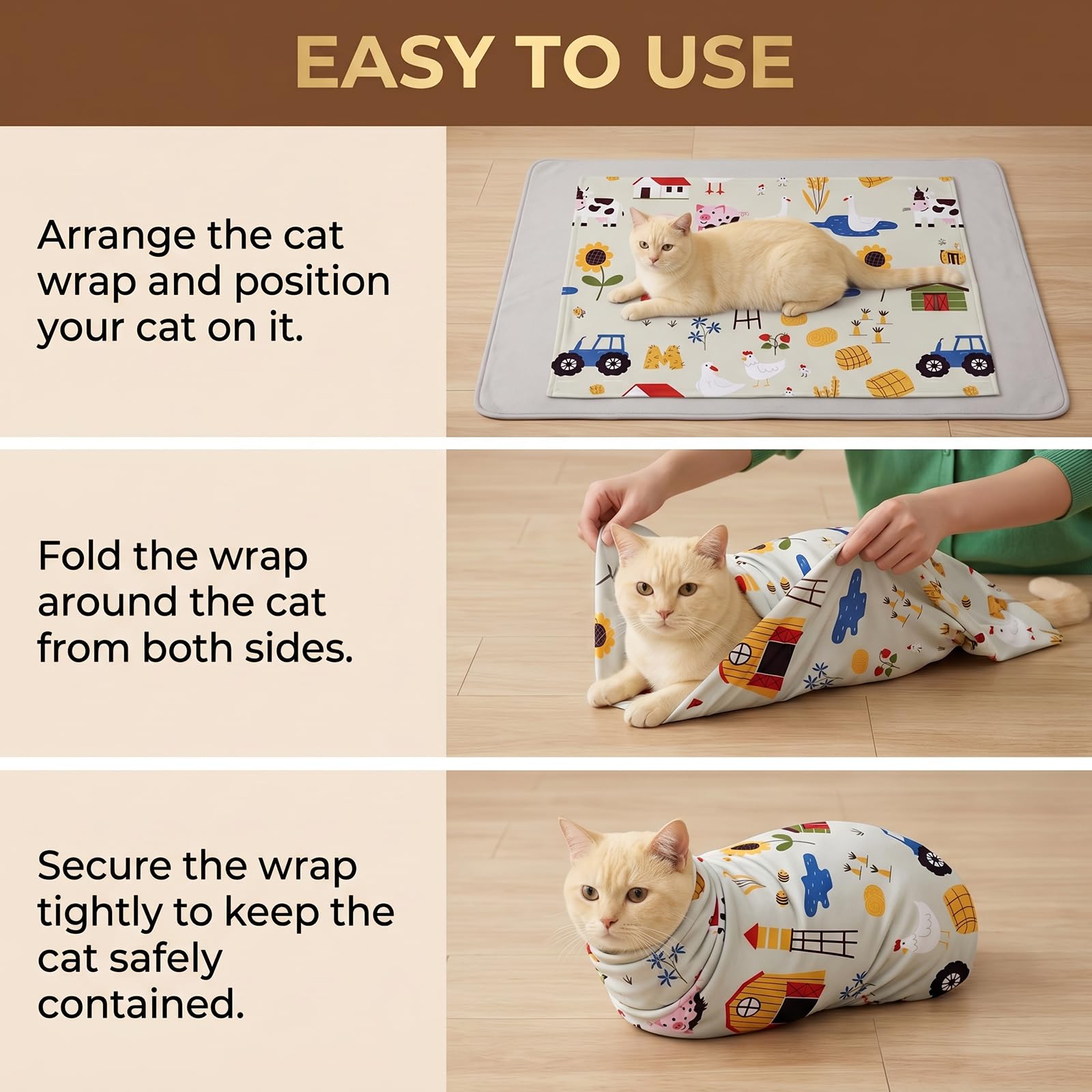 Cat Grooming Wrap, ściereczka do pielęgnacji kotów, samoprzylepna, 70 x 70 cm, odporna na ugryzienia i zarysowania, do przycinania pazurów, wiązania dla kotów, do pielęgnacji paznokci uspokajających