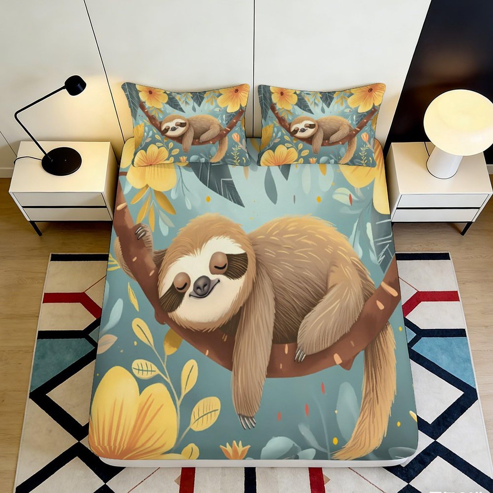 3D Printed Sloth Leaf Fitted Sheet Microfiber Soft Breathable Tree Branch Bed Cover for Bedroom Guest Room Decor 90x200x25cm