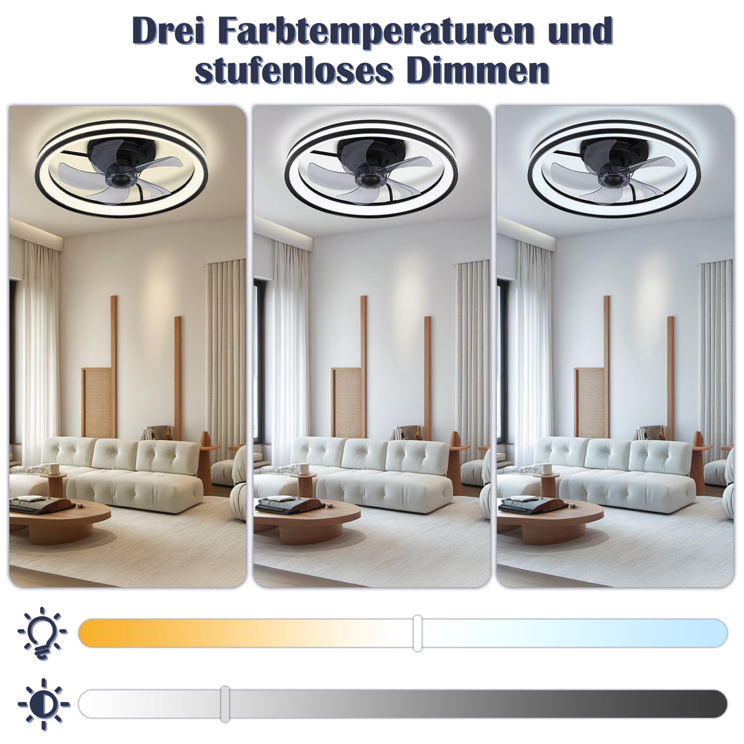 Deckenventilator mit Beleuchtung und Fernbedienung Ø50 cm, Smart LED Deckenleuchte 3 Farbtemperatur und 6 Gang, Timer Sommer-Winterbetrieb Für Wohnzimmer Schlafzimmer, Black