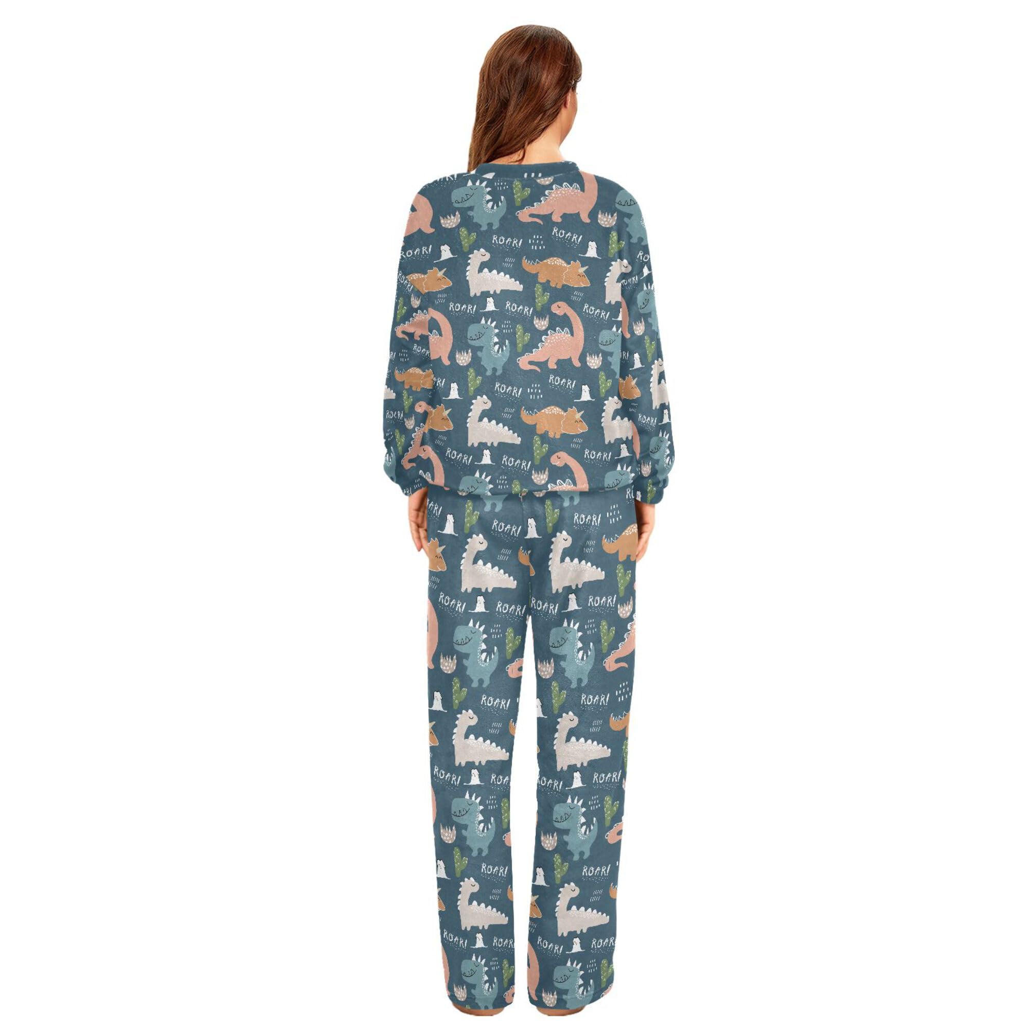 ALAZA Conjunto de pijama de forro polar para mujer, diseño de búho, luna y nubes, ropa de dormir de manga larga, ropa de dormir de dos piezas, ropa de dormir térmica, pijama súper suave, talla S