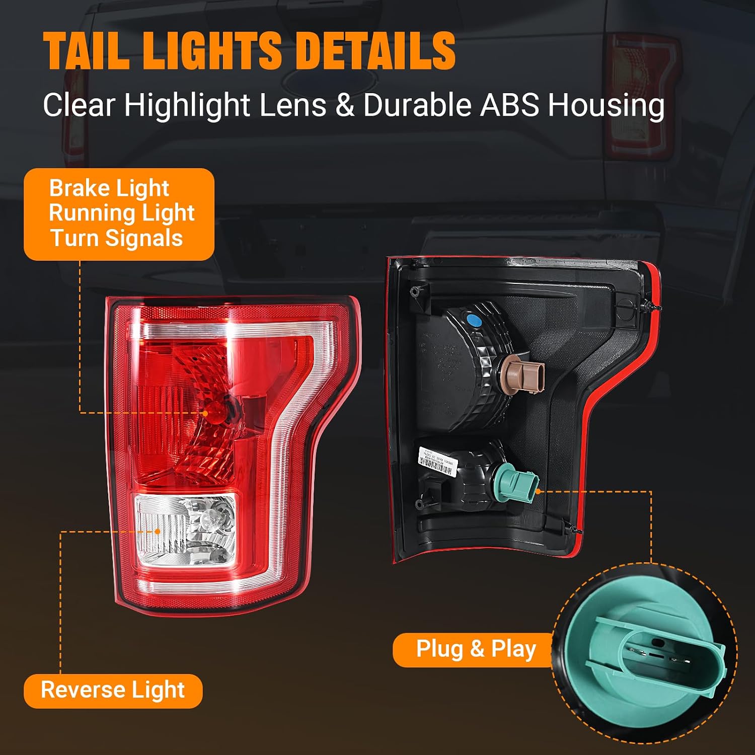 Tail Light Assemblies Compatible with 2015 2016 2017 Ford F-150, Left & Right Side Rear Taillights Brake Signal Lights with Bulbs, Replace FL3Z13405A FL3Z13404A