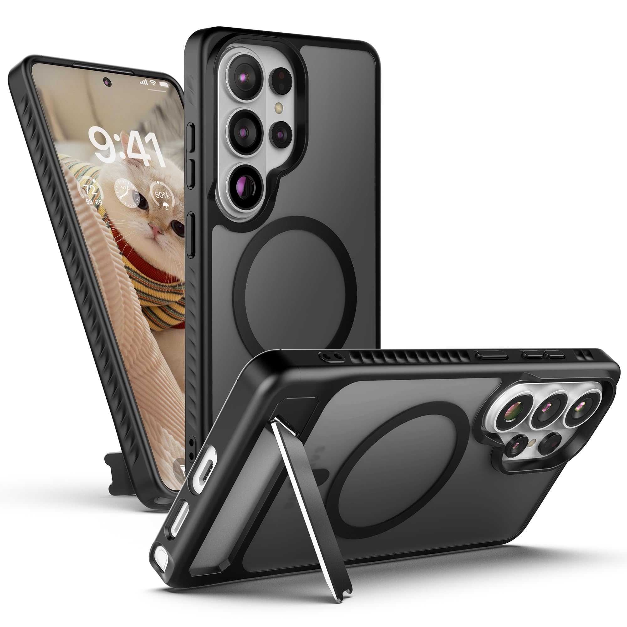 Cresee Magnetic for Samsung Galaxy S26 Ultra Case, Compatible with Magsafe, Built-in Stand, Phone Cover Matte Translucent Hard Back + TPU Bumper Shockproof Case with Magnets for S26 Ultra, Black