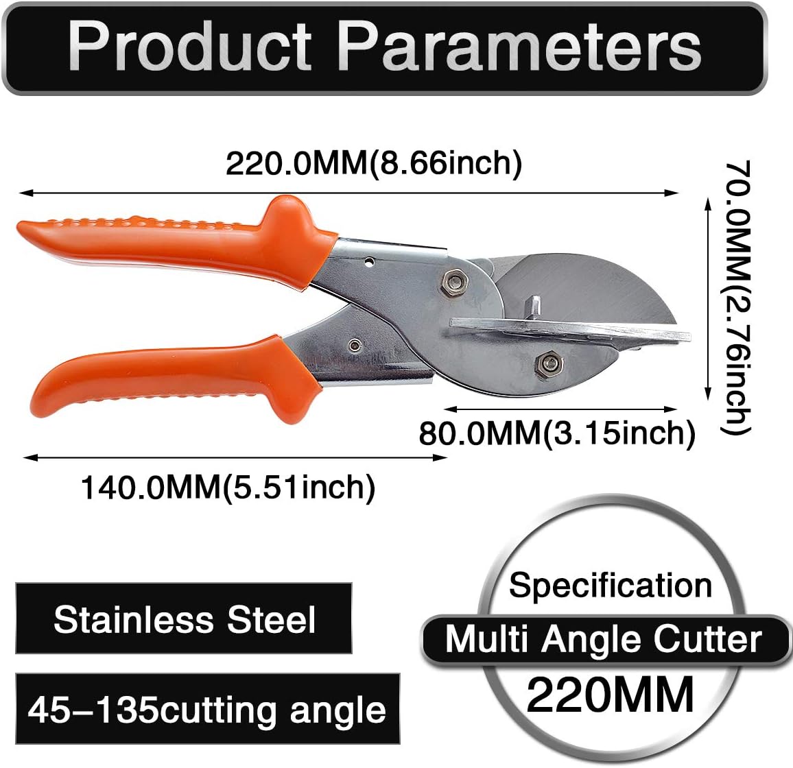 45-135 Degree Multi Angle Miter Shear Cutter Hand Tools Soft Wood Cutter Black Adjustable Angle Cutter with 1 Blades for Cutting Plastic, PVC and Molding Trim