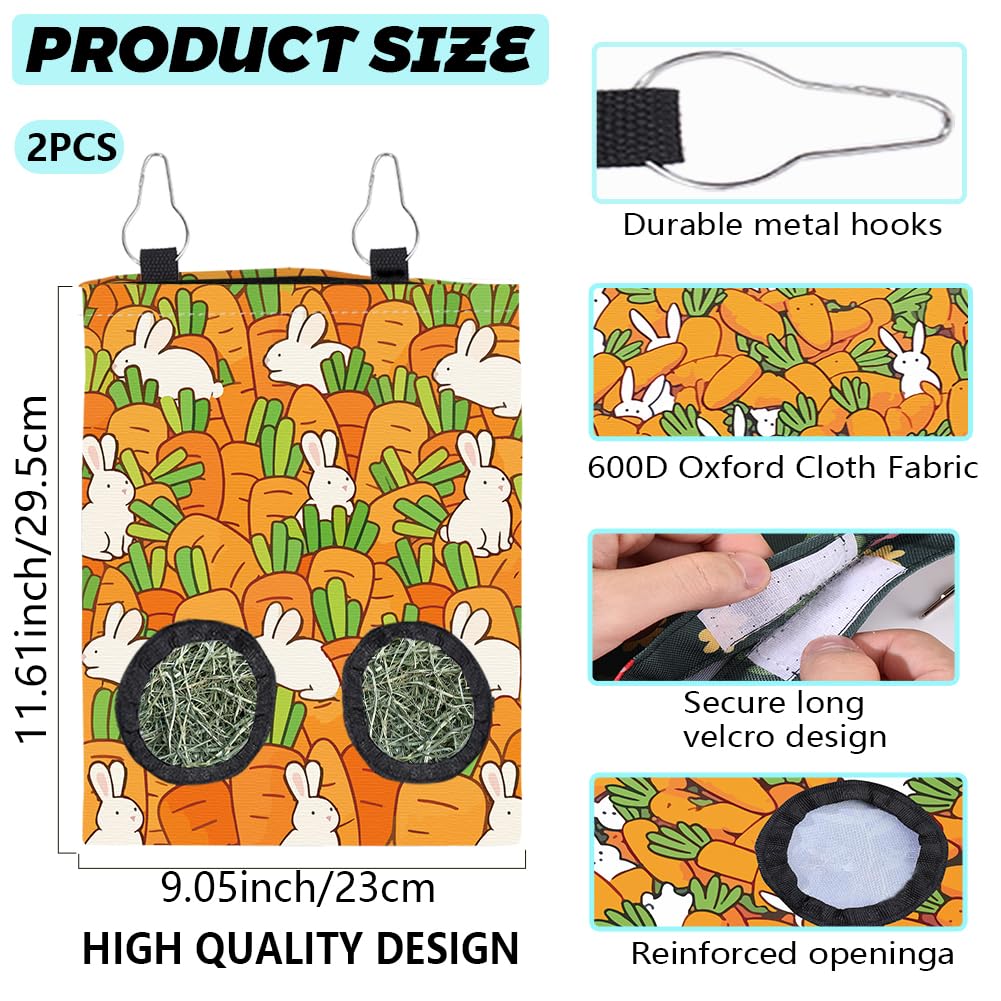 2 Pièces 2 Styles Sac De Foin pour Lapin Petit Sac Suspendu pour Animaux avec 2 Trous Motif Carotte Orange Tissu Lavable Rectangle pour Nourriture Stockage pour Cochons Dinde 12 x 9 Pouces
