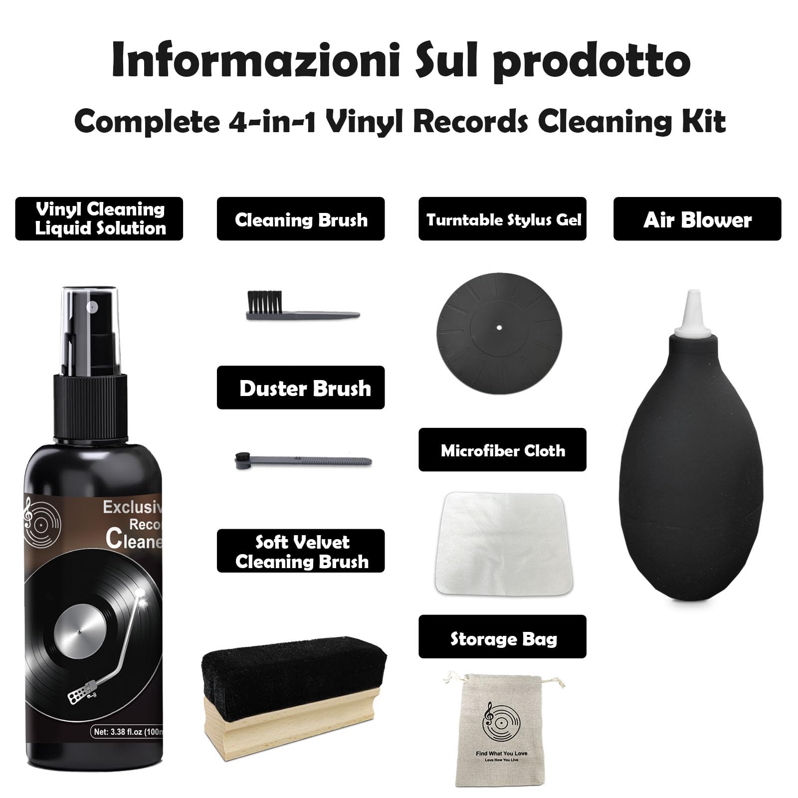 Kit di pulizia per dischi in vinile, detergente completo 8 in 1, 100 ml, spazzola per dischi in velluto, spazzola con manico dritto, spazzola a testa rotonda, vassoio in silicone, panno
