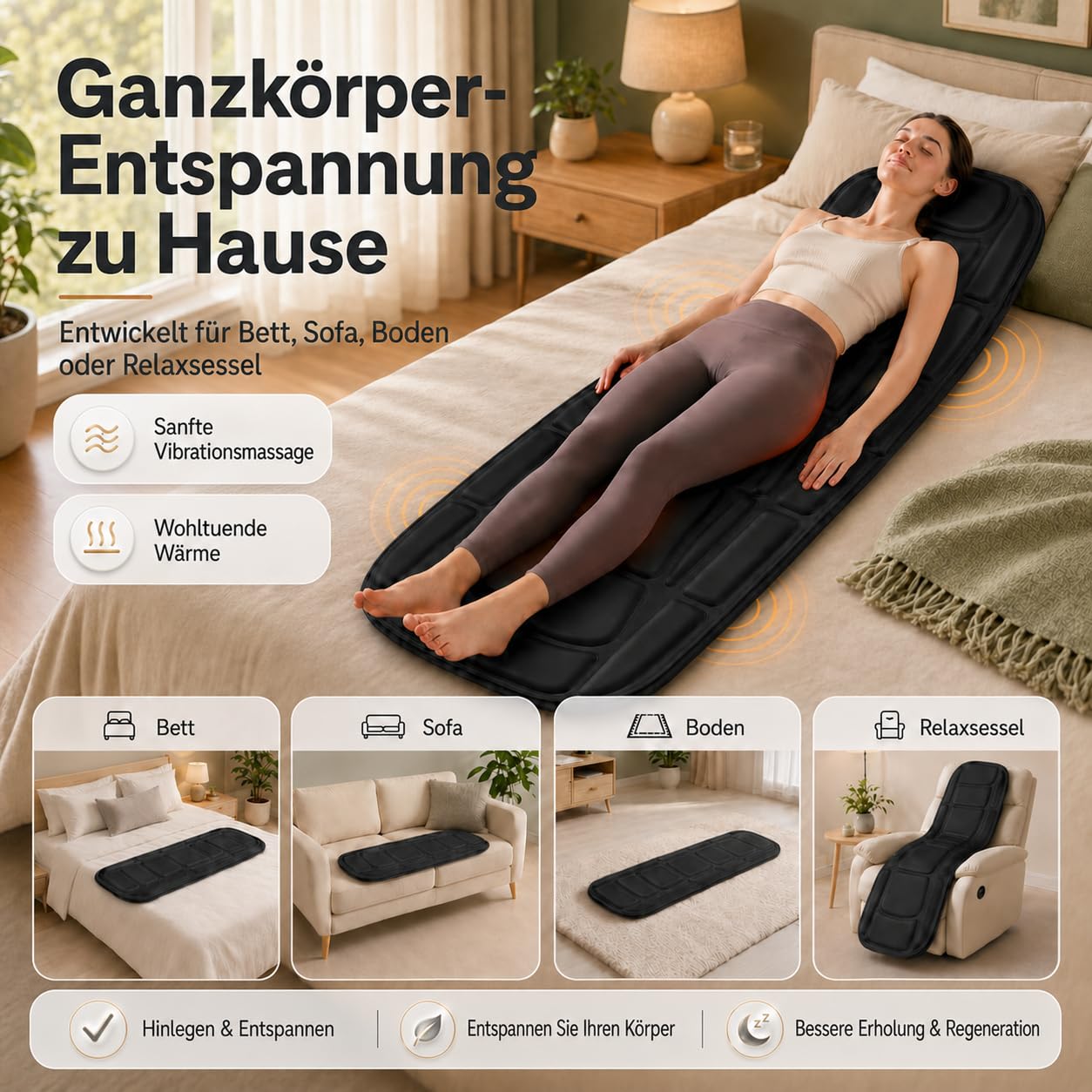 Ganzkörper-Massagematte mit Wärme, Ganzrückenheizung & Lendenwirbelstütze, Rücken-Massageauflage für Senioren & Büroangestellte, 3 Intensitäten & 2 Heizstufen, Entspannung für Zuhause & Büro