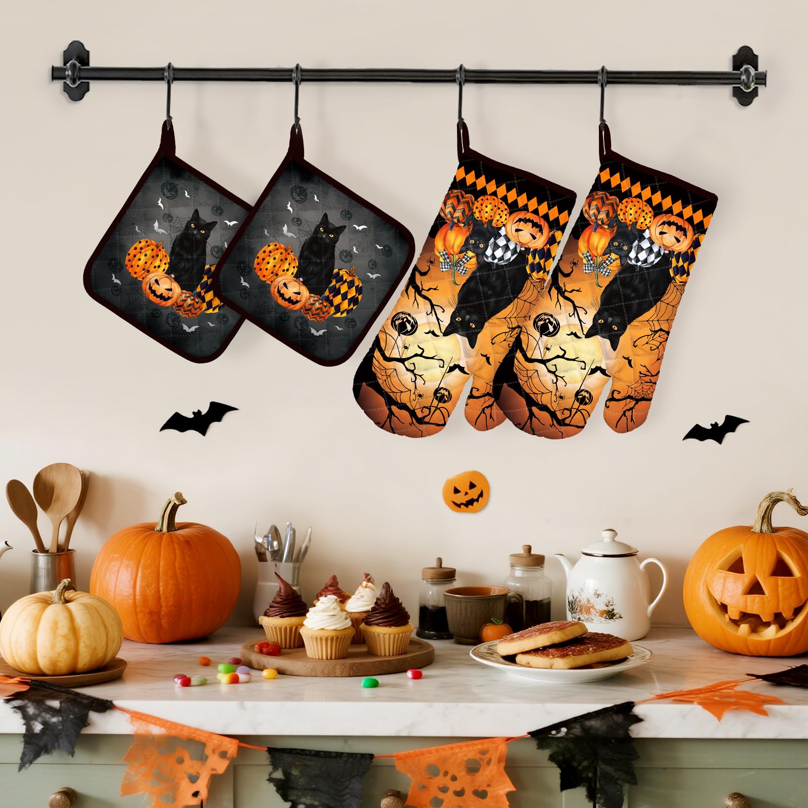 Arquiel Halloween Cat Oven Mitts and Pot Holders -100% Cotton - Image 2