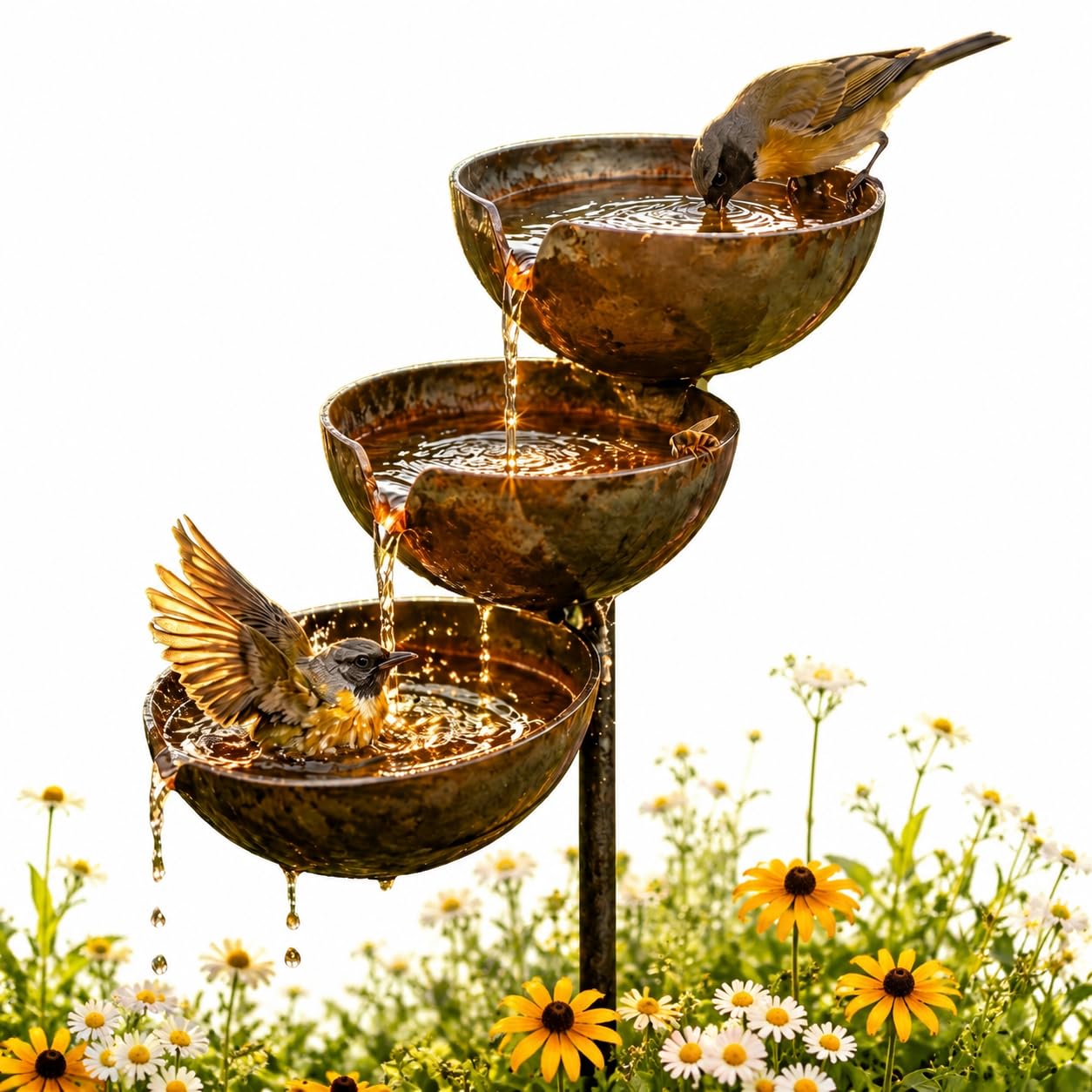 Bronze Rain Catcher Bird Bath for Garden, 68x12x5cm 3-Tier Cascading Bird Bath & Bee Watering Station, t Metal Rain Catcher Garden Stake With Water Bowl for Bird Attraction & Climbing ，2
