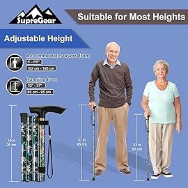 supregear Folding Cane, 5-Level Adjustable Height Walking Stick Lightweight Collapsible Portable Travel Cane with Wrist Strap and T Handle for Elderly Disabled Men Women, Green Floral