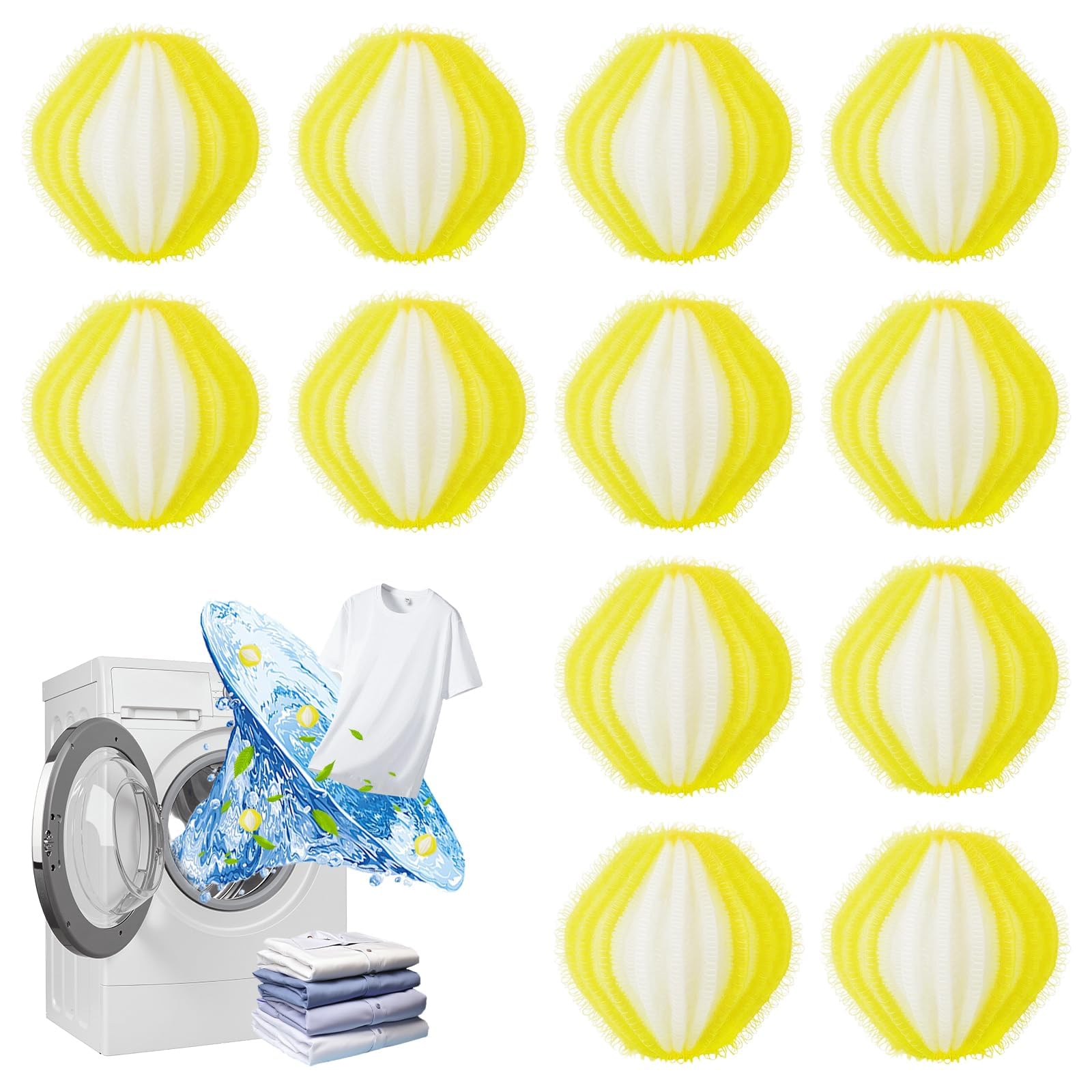 12 Bolas de Lavado Atrapapelos, Reutilizables para Lavadora y Secadora, Elimina Pelos de Mascotas y Pelusas de la Ropa (Amarillo)