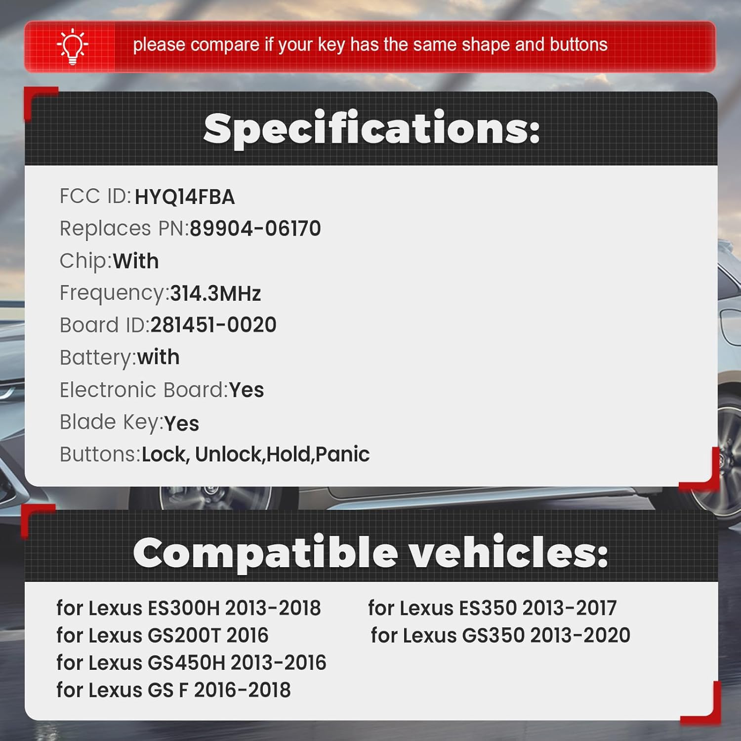Beefunny Smart Remote Key Fob for Lexus ES300H ES350 GS200T GS350 GS450H 2013-2020 Keyless Entry Car Key with Uncut Key (FCC ID:HYQ14FBA Board ID:281451-0020)