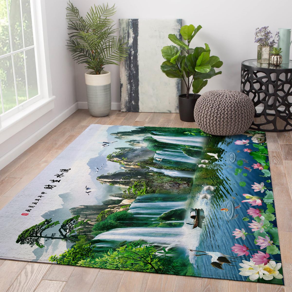 Tapis de paysage chinois cascade et lotus blanc tapis haut de gamme imprimé 140x180