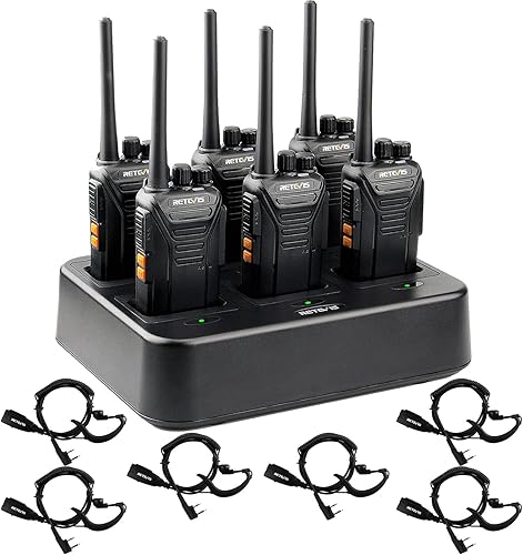 Retevis Walkie Talkies RT27 (paquete de 6) con auriculares (paquete de 6), radio manos libres VOX, alarma local, radio resistente de 2 vías con