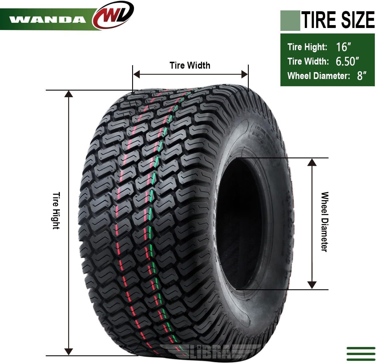 WANDA Set 2 16x6.50-8 Lawn Mower Tractor Cart Turf Tires 16x6.5x8 P332-13019