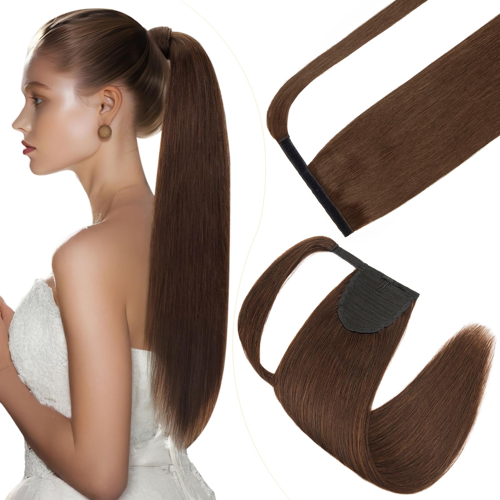 Elailite Coletas Postizas Pelo Natural Clip Extensiones #02 Castaño Oscuro - 55cm Cabello Humano Coleta Postiza Cola de Caballo 95g