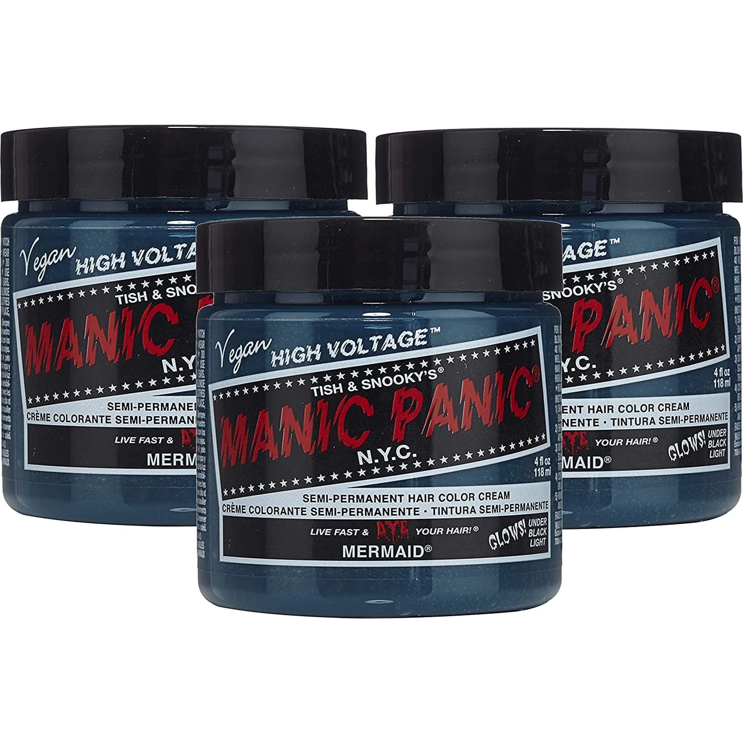 Manic Panic Mermaid Classic Creme, wegańska i nietestowana na zwierzętach półtrwała niebieska farba do włosów, 3 x 118 ml