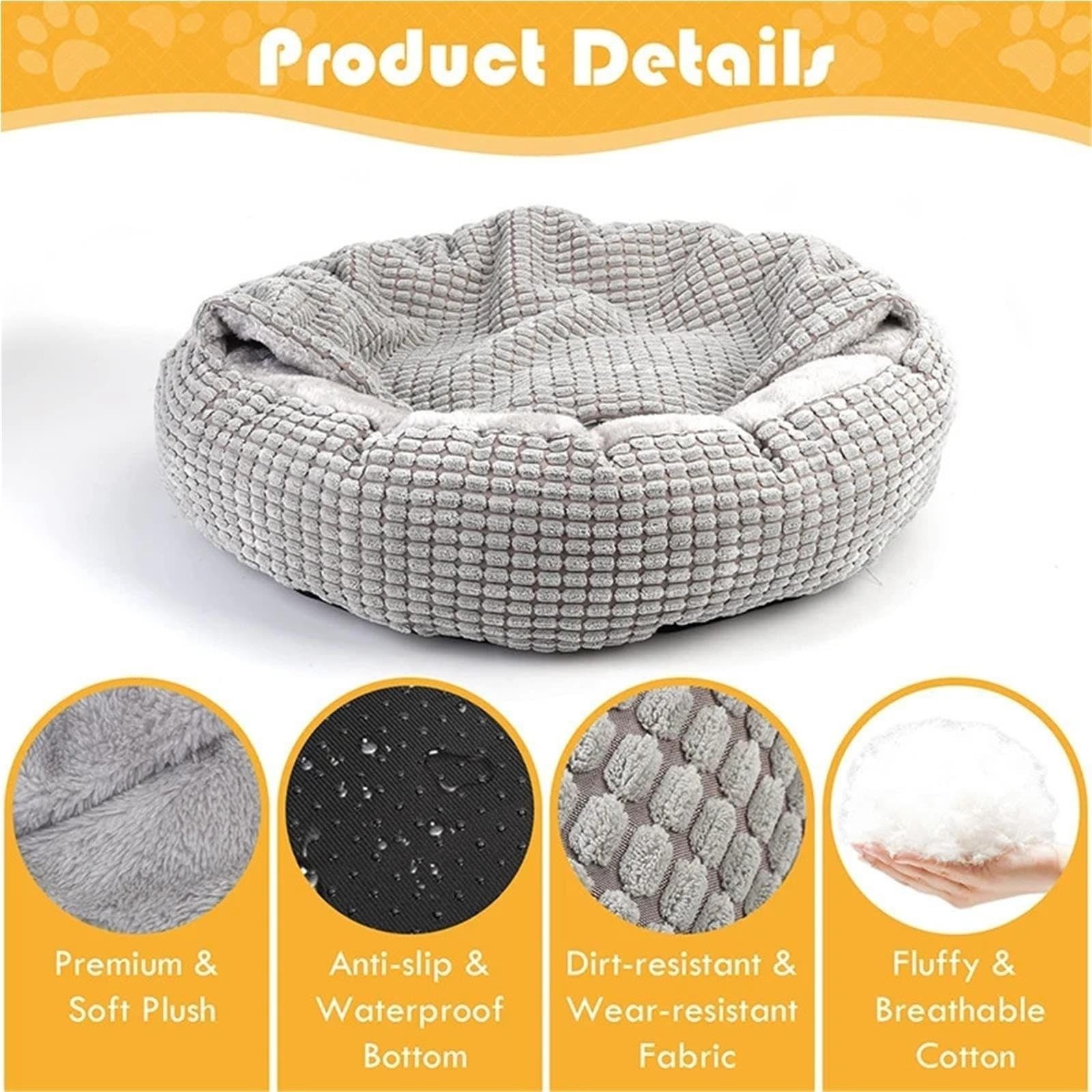 Cuccia Ciambella Cani Animale domestico a ciambella rotonda ortopedica soffice con cappuccio(GRAY,XL - 70X70cm)