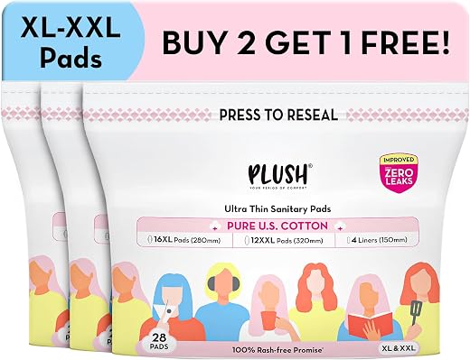 Plush Ultra-Thin Sanitary Napkins for Women 28 Pcs (Pack of 3)| B2G1 Supersaver Combo of 84 Pads | 48 XL, 36 XXL Rash-Free...