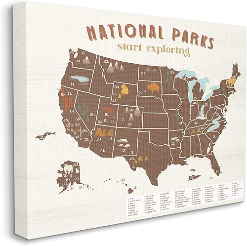 Stupell Industries Empieza a explorar el mapa de parques nacionales de Estados Unidos, diseñado por Daphne Polselli, arte de pared en lienzo, 30 x