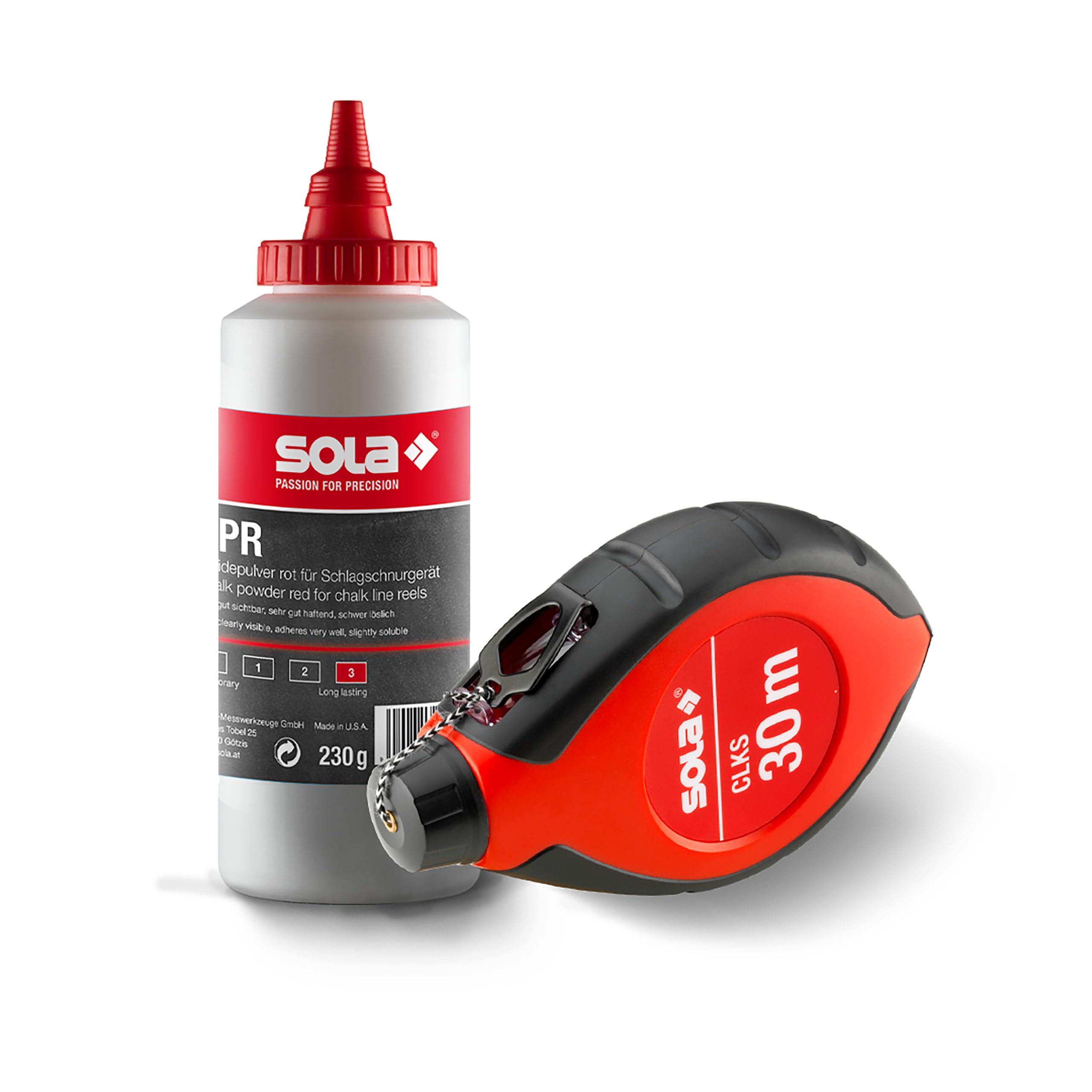 Sola CLKS Kit de ligne de frappe rouge – 30 m de fil de marquage avec craie rouge [230 g] dans un kit pratique – Enroulement rapide de la ligne grâce à l'engrenage 6:1 – Grand boîtier en plastique