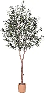 Olive Tree Artificial Plant 7FT, Artificial Olive Tree with Basket Mediterranean Silk Screened Broad-leaved Olive Tree Realistic Fruit, Lifelike Nordic Style Home Aesthetic Hotel Store Decor