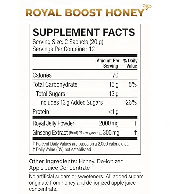 Royal Boost Honey with Royal Jelly & Ginseng, 24 Sachets x 10g