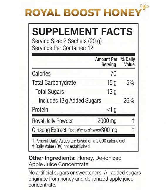 Royal Boost Honey with Royal Jelly & Ginseng, 24 Sachets x 10g