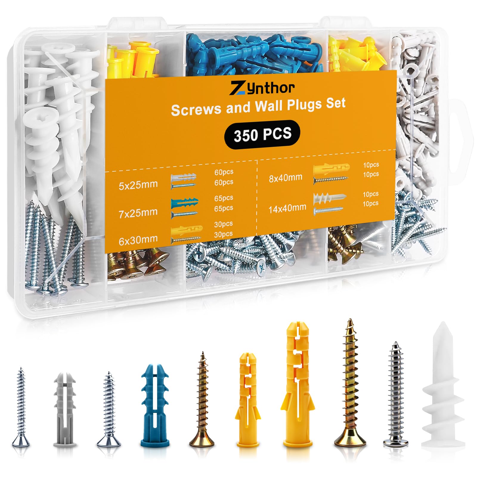 Zynthor 350Pcs Screws and Wall Plugs Set, Wall Plugs and Screws, Raw Plug Assorted and Plasterboard Screw, Plasterboard Fixings for Brick Concrete Drywall