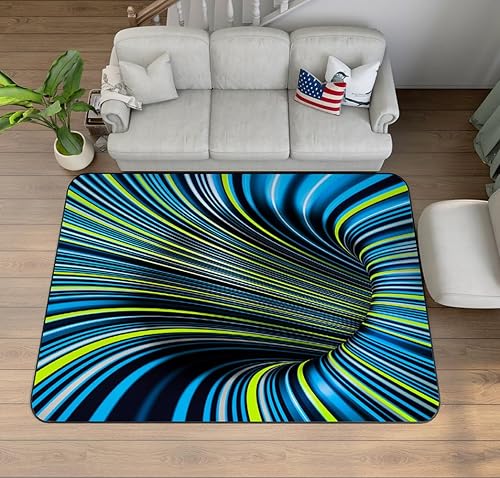 Alfombra de ilusión óptica 3D azul verde con patrón geométrico de remolinos para dormitorio, sala de estar, alfombra de interior, 63 x 47 pulgadas