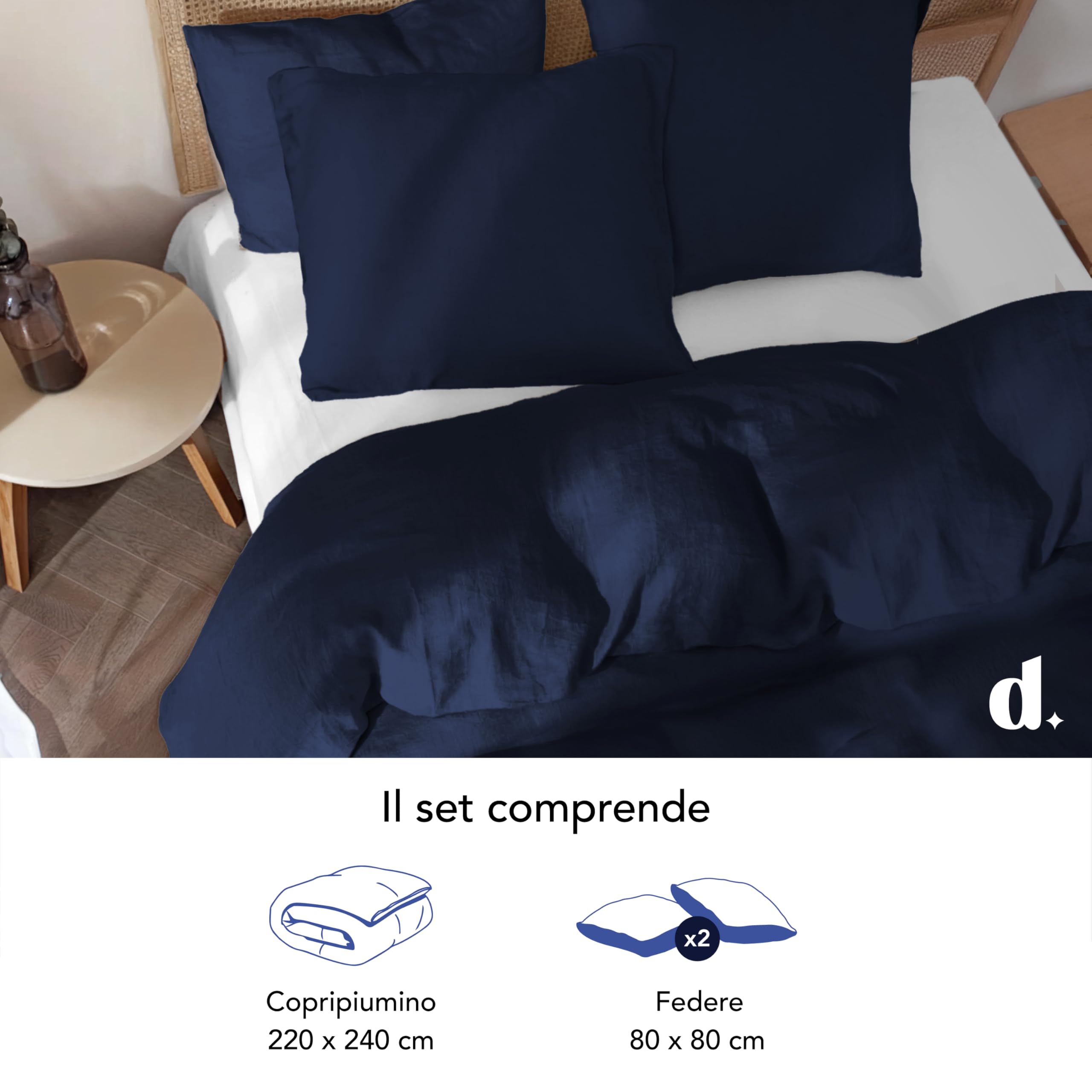 Dreamzie Copripiumino Matrimoniale 220x240 in Cotone Percalle – Blu Scuro – Copripiumino 220x240 + 2 Federe 80x80 cm – Certificato Oeko-Tex – 3 Pezzi