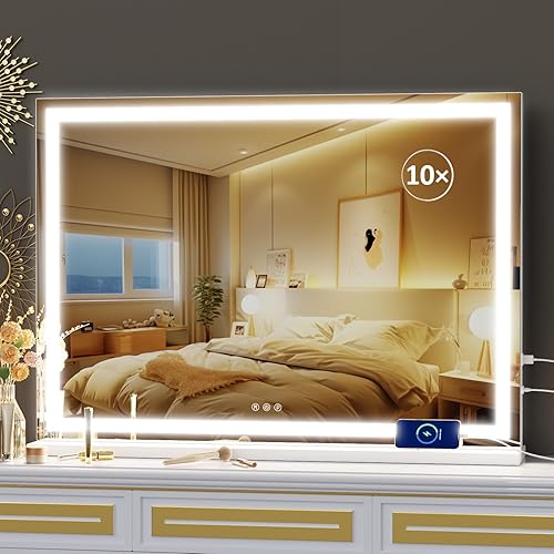 Miniatura 9 de Gvnkvn Espejo de tocador de maquillaje con luces LED de 32 x 24 pulgadas, espejo de maquillaje grande con aumento de 10 veces y puerto de carga USB,