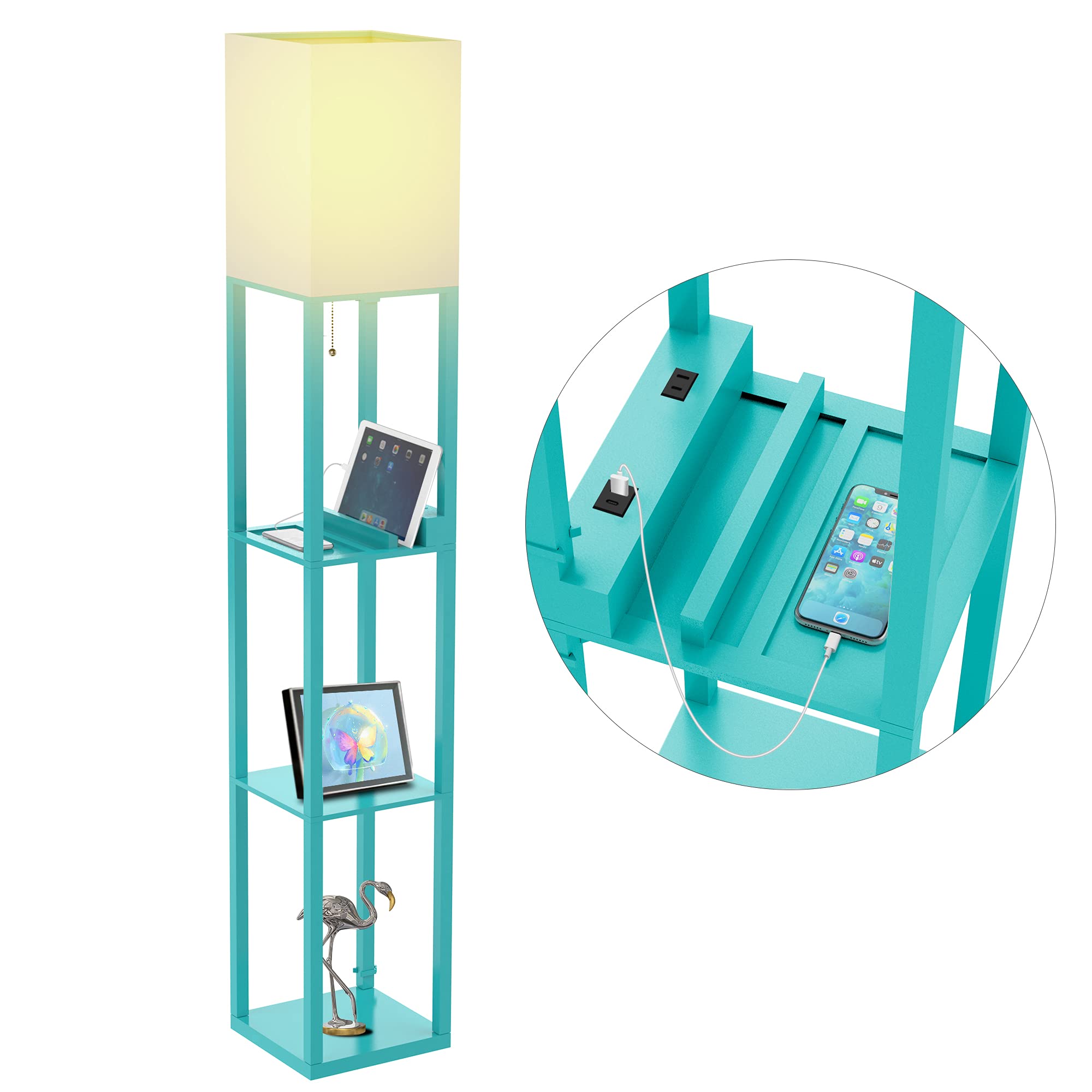 PAZZO Floor Lamp with Shelves, Shelf Floor Lamps by Solid Wood with 2 Charging Ports and 1 Power Out