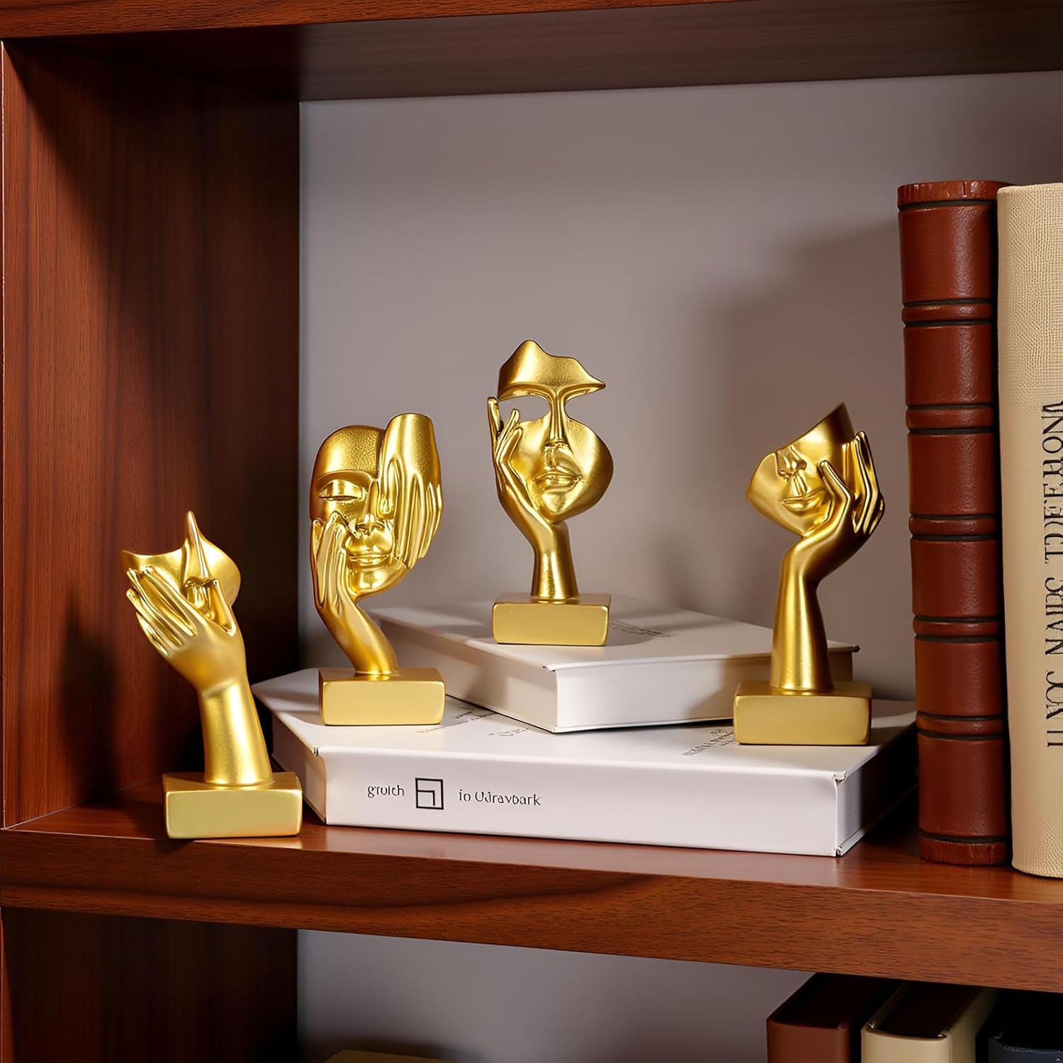 4 PCS Gold Thinker Statue Set – Abstract Sculptures Home Decor for Bookshelf, Office, TV Stand Knick Knacks – See No Evil, Hear No Evil, Speak No Evil Figurines, Unique Gift for Women - Image 5