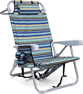 Yestomo Backpack Beach Chair for Adults: 4-Position Folding Heavy Duty 350lbs with Cooler Pouch, Backpack Straps & Towel Bar (Stripes Blue/Cyan/Yellow)
