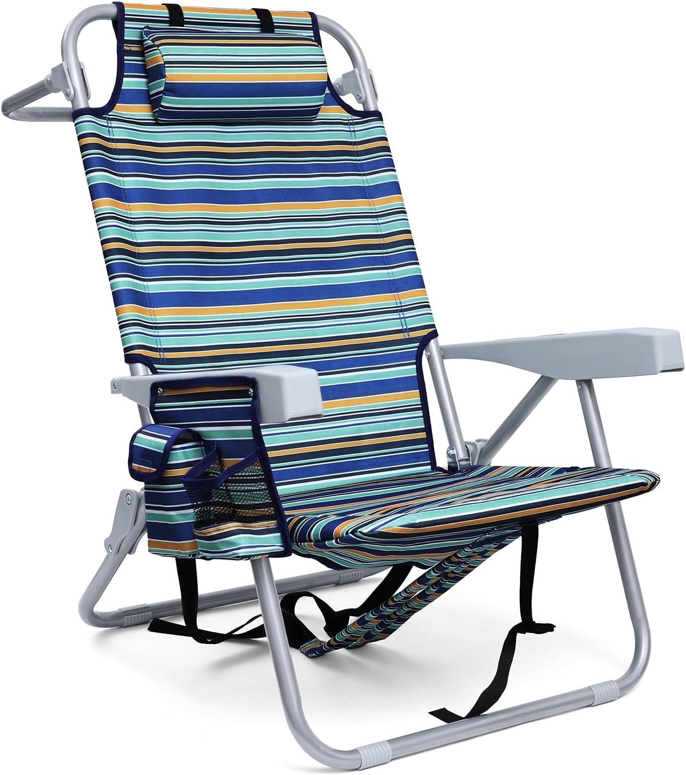 Yestomo Backpack Beach Chair for Adults, Folding Beach Chair with 4 Positions, Heavy Duty Chair with Large Cooler Pouch Support to 350LBS (Stripes_Blue&Cyan&Yellow)