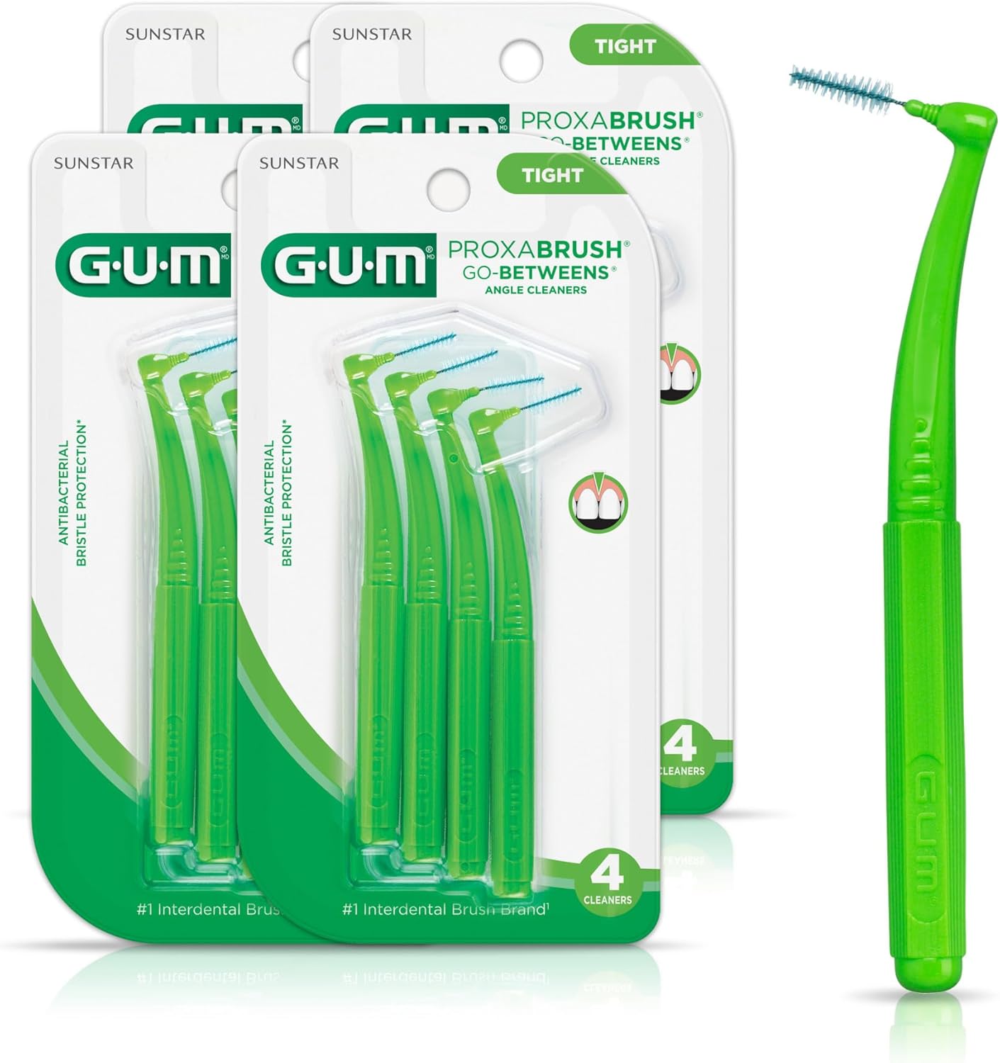 GUM Proxabrush Go-Betweens - Angled- Interdental Brushes - Soft Bristled Dental Picks for Plaque Removal Health - Safe for Braces &amp; Dental Devices, 4 Count (Pack of 4)