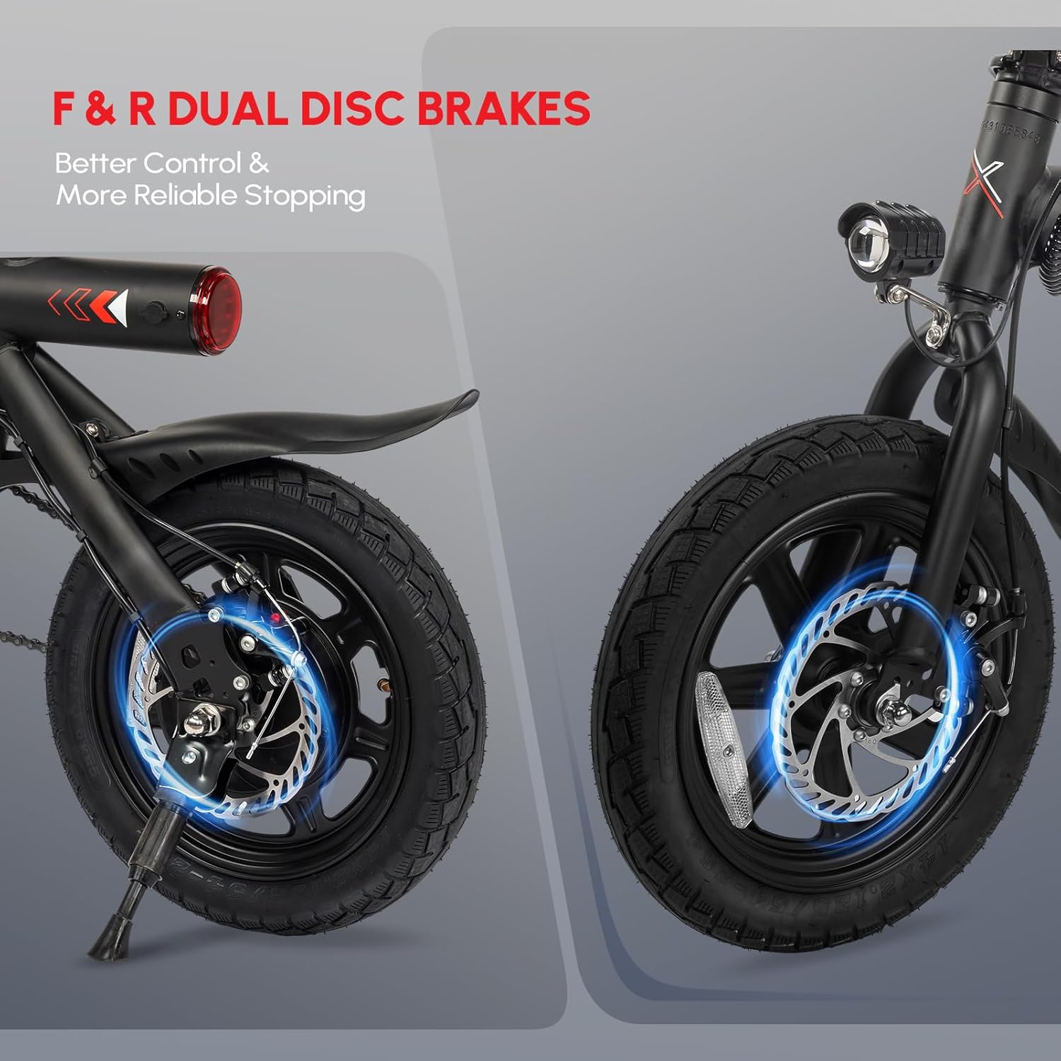 Dettaljati view of the front and rear dual disc brakes on the PEXMOR electric bike, emphasizing their control and stopping power.