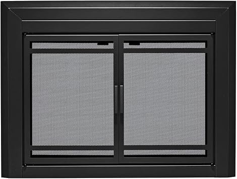UniFlame - Kendall - Cabinet-Style Fireplace Doors with Smoke Tempered Glass Color Black, Size Large - Fits Opening 36in to 43in W x 25.5in to 32.5in H