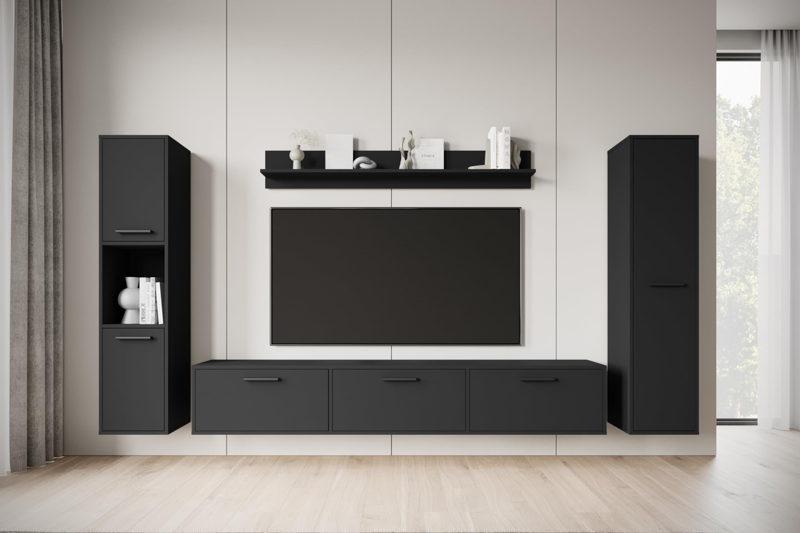 MINIO go for it - Wohnwand Wohnzimmer 4-teilig Toga, Wohnzimmer Möbel Set, 1x TV Lowboard, 2X Hochschrank, 1x Wandboard, Wohnzimmermöbel Komplett, Wohnzimmer Set - Farbe Schwarz Graphit Matte