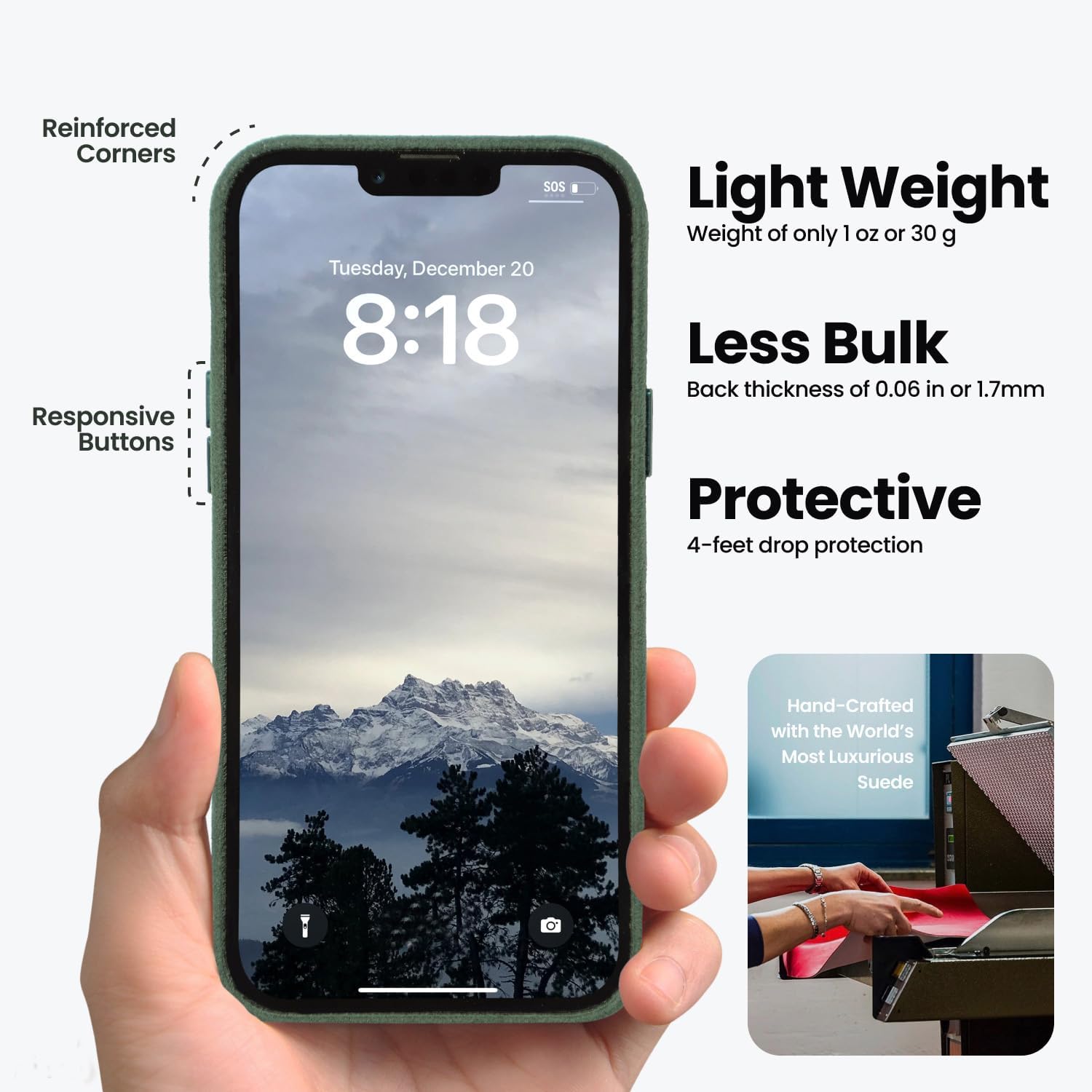 for Alcantara Full-Wrap Phone Case for iPhone 15 Series, Compatible with Mag-Safe Wireless Charging, Handmade Full-Wrap Italian Synthetic Suede Cover (for iPhone 15 Pro Max, Forest Green)