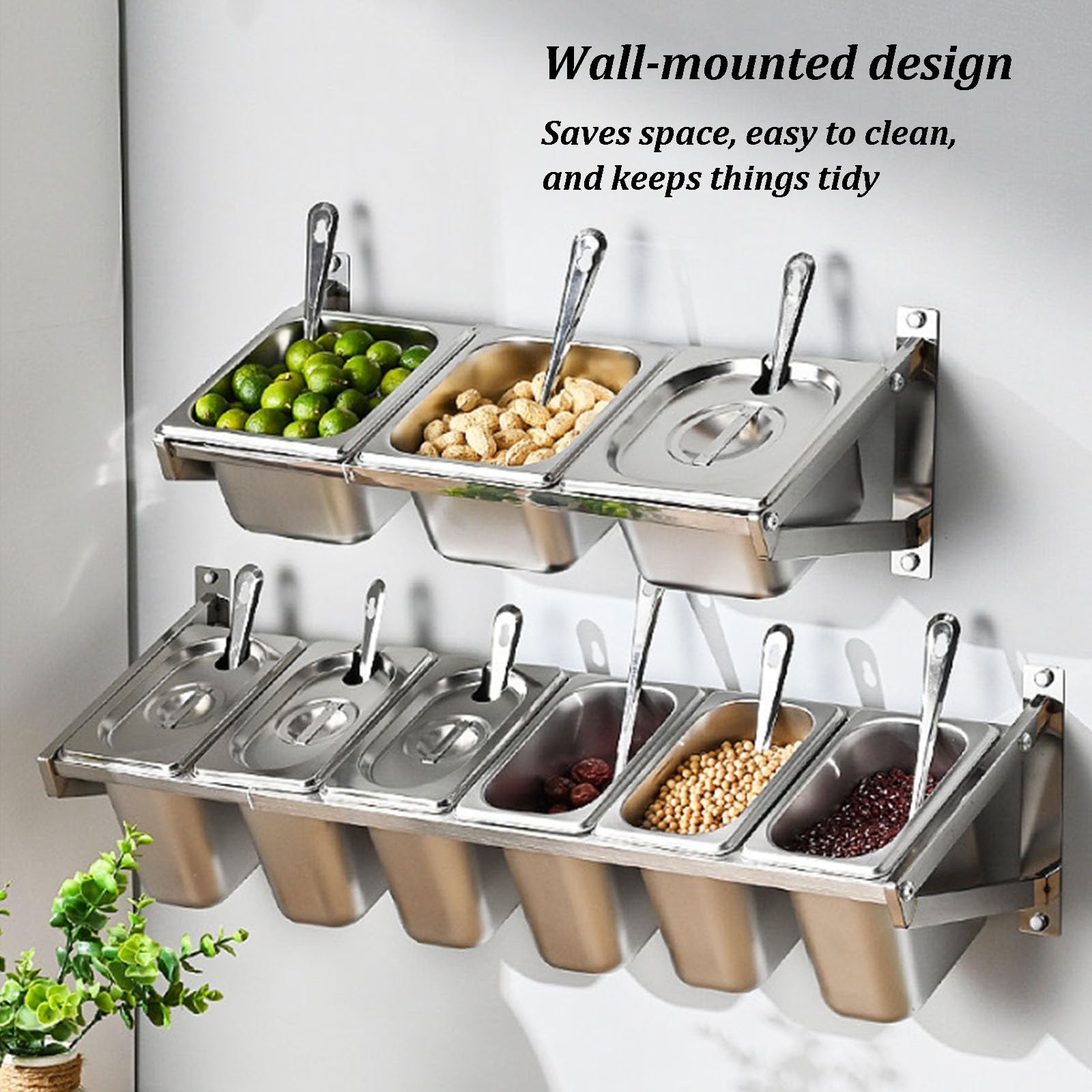 Pizza Topping Station Dispenser da parete per condimenti con coperchio, design triangolare, in acciaio inox rimovibile, per salse, frutta, ingredienti