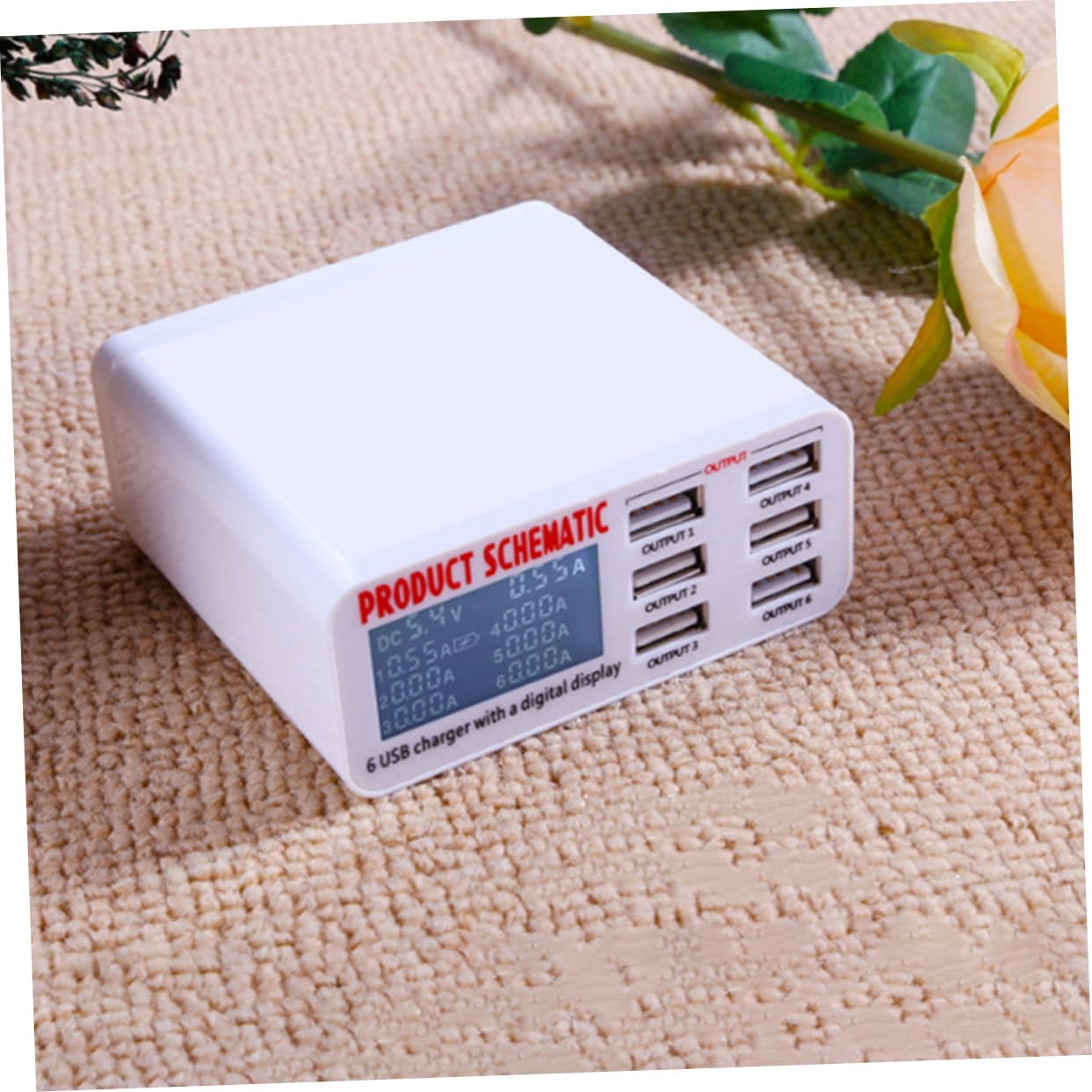 LALAFINA Estación de Carga Inteligente USB 6 Puertos para Múltiples Dispositivos, Usuarios Domésticos y Viajeros, Pantalla LCD, Protección contra Sobrecargas, Compacto, Adaptador Europeo